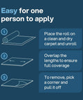 Heavy Duty Carpet Protection Film Self Adhesive Plastic Rug Protector application steps for stairs and floor runners.