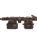 Leather Tool Belt Organizer With 18 Pockets For Pros, Heavy Duty Construction, Durable Pouch System With Quick Grab Tape Clip And Metal D Rings For Suspenders, shown flat with pockets and clip visible.