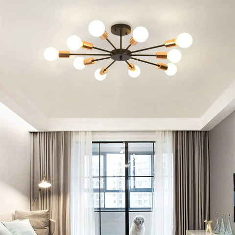 Dope Sputnik Ceiling Light Semi Flush Mount 10 Light E26 Base Modern Black And Gold Chandelier in elegant living room setting