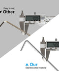 Comparison of 3mm and 4mm metal tent stakes with calipers, highlighting Beefy Heavy Duty Metal Tent Stakes Set 17 Pack For Outdoor Decorations.