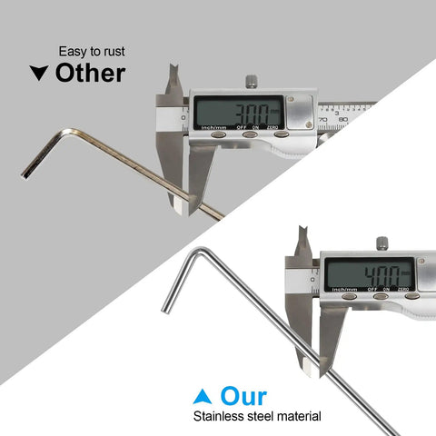 Comparison of 3mm and 4mm metal tent stakes with calipers, highlighting Beefy Heavy Duty Metal Tent Stakes Set 17 Pack For Outdoor Decorations.