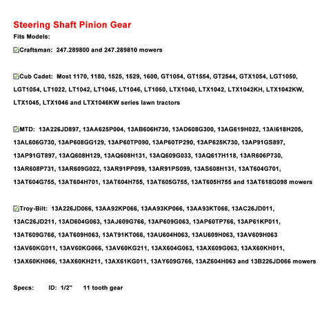 Specifications sheet for Two Pack Steering Shaft Pinion Gear And Bushing Kit For MTD 717-1554 Toro 112-0863 Cub Cadet models