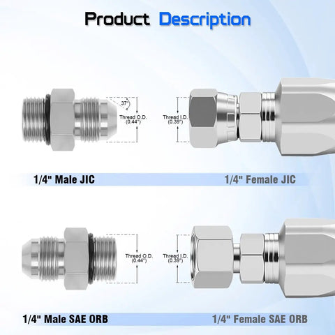 Hydraulic Adapter Fitting Pro Grade One Quarter Inch JIC 37 Degree Male To One Quarter Inch SAE ORB Male Straight Thread For Hydraulic Lines And Industrial Systems High Pressure Durable Conversion, 1/4" male JIC and SAE ORB adapter diagram