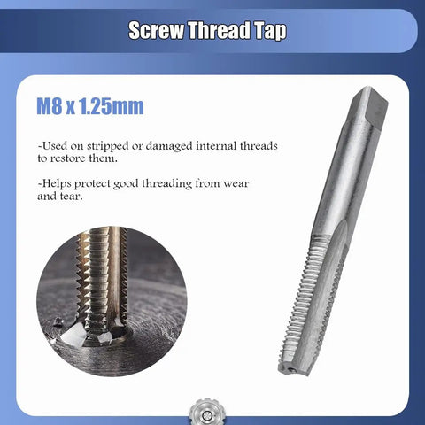 M8 x 1.25mm screw thread tap for repairing stripped or damaged internal threads, shown with a close-up of the tap in use.