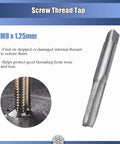 M8x1.25mm screw thread tap for restoring stripped or damaged internal threads, shown in close-up with instructional text.