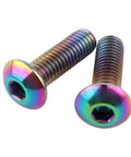Close-up of 10 Pack M5x12mm Button Head Bike Screws Stainless Steel Allen Bolts Titanium Rainbow Finish for bikes.