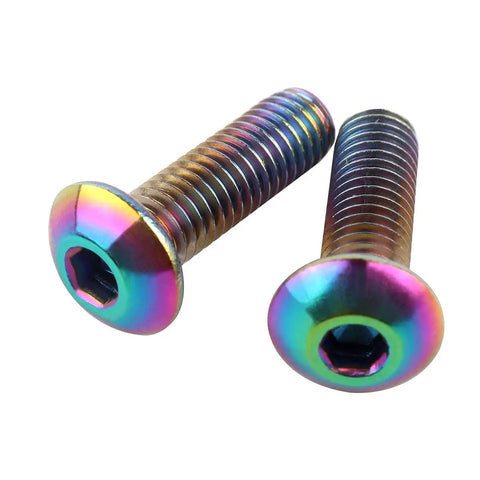 Close-up of 10 Pack M5x12mm Button Head Bike Screws Stainless Steel Allen Bolts Titanium Rainbow Finish for bikes.