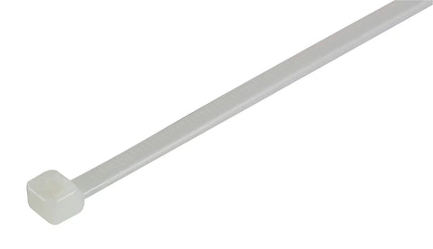 Close-up of a 14 Inch White And Clear Zip Tie from the 100 Count 50Lb Strength UV Resistant Nylon Cable Ties Self Locking Tie Wraps pack.