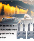 Adjustable Coil Spring Lowering And Leveling Kit with two clamps against a scenic mountain backdrop, enhancing car stance.