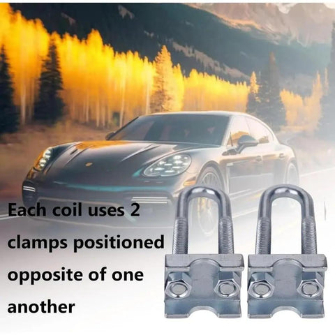 Adjustable Coil Spring Lowering And Leveling Kit with two clamps against a scenic mountain backdrop, enhancing car stance.
