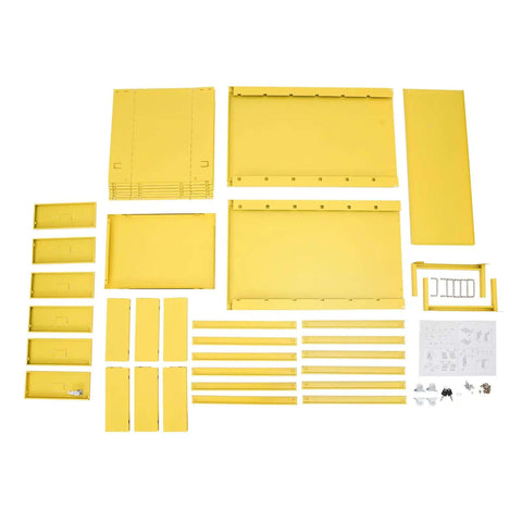 Solid Six Drawer Vertical Steel Rolling File Cabinet For Docs And Tools With Smooth Caster Wheels yellow parts and assembly pieces laid out.
