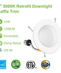 6 inch LED Can Light Retrofit Recessed Lighting with Dimmable Damp Rated Baffle Trim CRI 90 1200 Lumens 15W 5000K Daylight