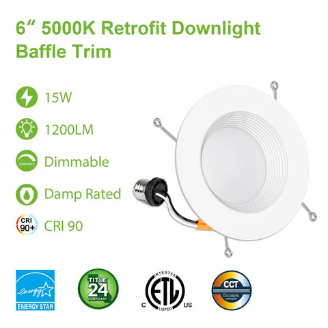 6 inch LED Can Light Retrofit Recessed Lighting with Dimmable Damp Rated Baffle Trim CRI 90 1200 Lumens 15W 5000K Daylight