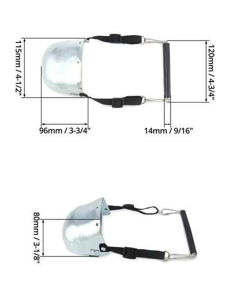 Heavy Duty Steel Toe Guard Metatarsal Guard Set With Adjustable Straps for universal fit, front and side view with dimensions