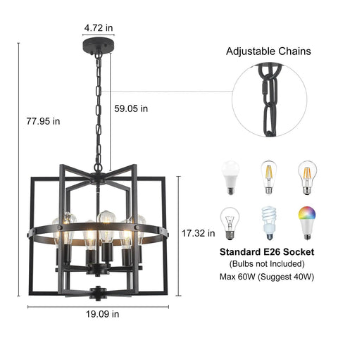 Industrial chandelier with adjustable chains, 4.72x77.95, four E26 sockets, matte black and glass for farmhouse style lighting.