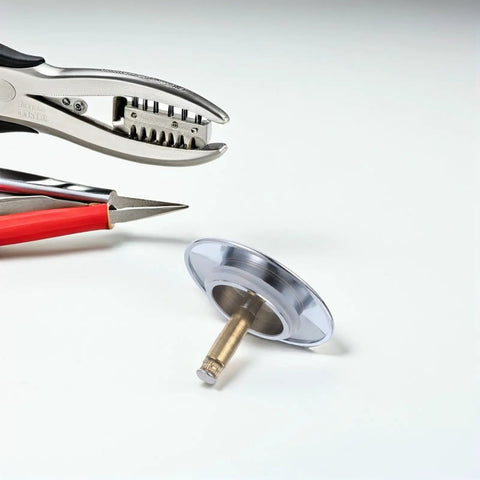 Copper Bathtub Drain Stopper with Rotary One Press Sealing with pliers for installation on a white background.