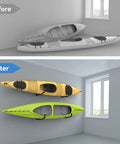 Before and after using the Slick Wall Mount Kayak Rack And Universal Garage Storage Hooks for space-saving kayak storage.
