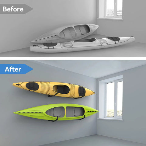 Before and after using the Slick Wall Mount Kayak Rack And Universal Garage Storage Hooks for space-saving kayak storage.
