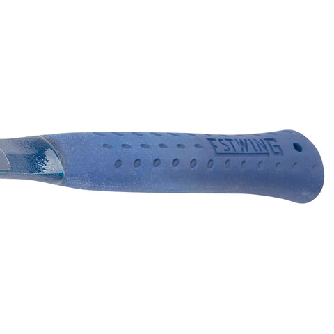 Close-up of blue grip on 32 Oz Ball Peen Hammer For Metalworking, Forged Steel Construction, Shock Reduction Grip, USA Made Workhorse Tool.