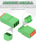 Close-up of Four Piece 3.5mm Pitch Spring PCB Terminal Block Connector 3 Pin Pluggable Male Female in green, with product details text.