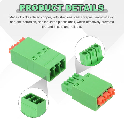 Close-up of Four Piece 3.5mm Pitch Spring PCB Terminal Block Connector 3 Pin Pluggable Male Female in green, with product details text.