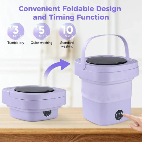 Compact Mini Washing Machine With 10 Point Five Liter Capacity And Foldable Travel Build featuring a foldable design and timing functions.