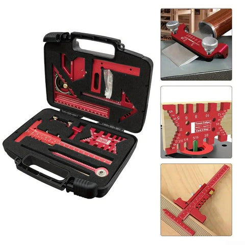 Pro Grade Woodworking Measuring And Scribing Tool Set With 9 Piece Precision Kit showing tools in black case and usage examples