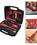 Woodworking Measuring And Scribing Tool Set 9 Piece Pro Grade Precision Kit with red aluminum alloy tools in open case