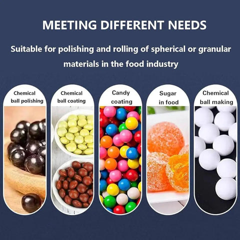 Slick Commercial Electric Sugar Coater Machine With Nine Adjustable Speeds For Sweet Candy Polishing And Smooth Chocolate Coating Results That Hit Different, showcasing various candy and ball coating types.