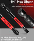 10-pack, 3-inch long magnetic screwdriver bit set with Phillips #1/#2/#3 and slotted bits, 1/4 in hex shank, S2 steel