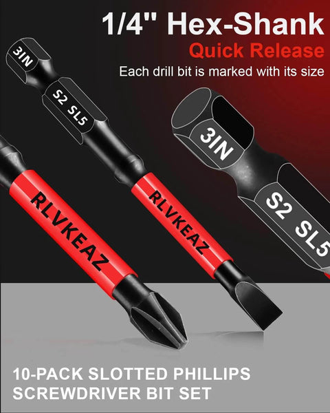 10-pack, 3-inch long magnetic screwdriver bit set with Phillips #1/#2/#3 and slotted bits, 1/4 in hex shank, S2 steel