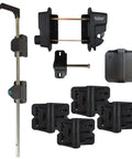 Heavy Duty Double Gate Hardware Kit For Outdoor Vinyl Fences Featuring Knockout Locking Latch and Smooth Operator Hinges.