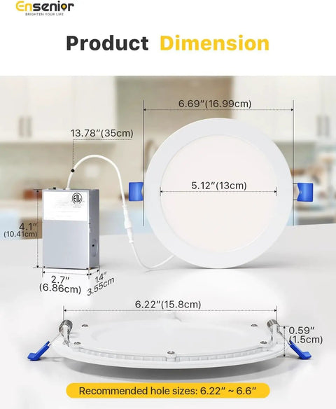Dimensions of Sixteen Pack 6 Inch LED Recessed Downlights Dimmable Easy Install 5 CCT 2700K to 5000K 1050 Lumens 12W 120V IC Rated