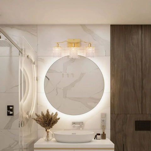 Gold Crystal 3 Light Vanity Wall Sconce For Bathroom Home above round mirror with crystal beads chain in marble bathroom