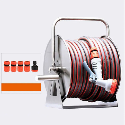 Built Tough Stainless Steel Hose Reel, Heavy Duty Wall Mounted Water Hose Caddy For Truck Bed And Auto Wash with PVC line and spray nozzle.