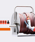 Rock Solid Stainless Steel Hose Reel With Twenty Five Meter Heavy Duty Pvc Tube Wall Mounted Garden Car Wash Storage Rack.