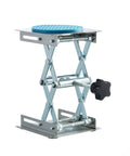 Laboratory scissor jack stand with stainless steel frame and blue 4x4 inch top plate, adjustable 50–160 mm