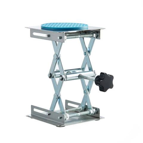 Laboratory scissor jack stand with stainless steel frame and blue 4x4 inch top plate, adjustable 50–160 mm