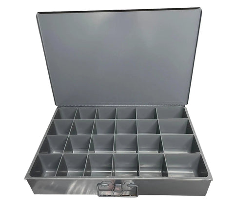 Built Tough Grade 8 Coarse Thread Nuts And Bolts Kit Featuring Zinc Yellow Hex Head Cap Screws Lock Washers And Flat Washers In Four Standard Sizes Paired With A Heavy Duty Twenty Four Compartment Steel Organizer Drawer showing open gray steel storage compartment.