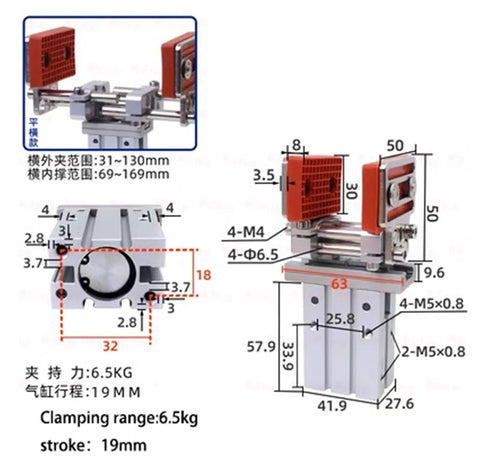 Adjustable Finger Cylinder Telescopic Frame Mechanical Arm Fixture With Widened Chuck And Parallel Gripper For 16D 20D Workpieces Pneumatic Accessories Kit For Precise Industrial Handling Beefed Up Performance, shown with measurements and specifications.