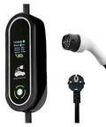 Knockout Performance 16 Amp Portable EV Charger With Type Two IEC62196 And Type One SAE J1772 Connectors Plus EU Plug Adapter IP67 Rainproof Build, showing display and connectors.