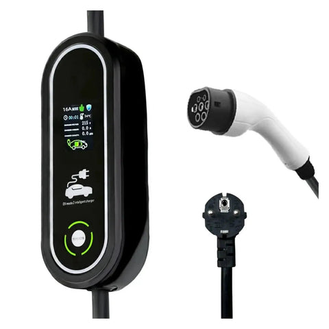 Knockout Performance 16 Amp Portable EV Charger With Type Two IEC62196 And Type One SAE J1772 Connectors Plus EU Plug Adapter IP67 Rainproof Build, showing display and connectors.
