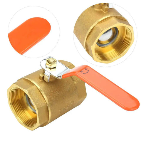 Heavy Duty Brass Ball Valve Two Inch Smooth Pass Minimal Drag Shut Off Handle For Plumbing Gas Pipes And Water Hookups Rust Proof Hardware, orange handle view.