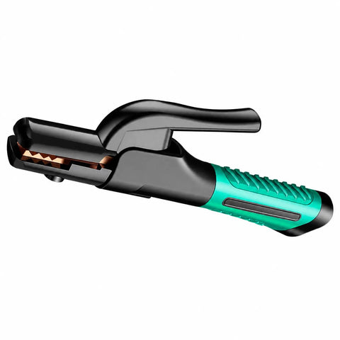 Heavy Duty 300A Welding Stinger And Electrode Holder Crafted With Raw Copper Jaw Cool Touch Isolated Handle Rock Solid Non Slip Grip For Weekend Warriors And Pros Who Want Clean Stick Welds Without Any Sweat, showing the insulated handle and copper jaw.