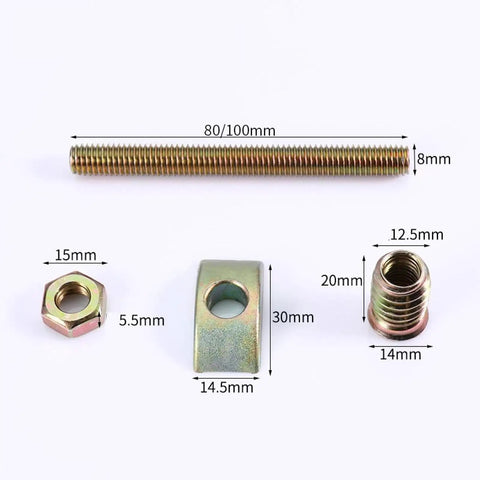 12 Piece M8x80mm Threaded Rod Kit with connectors, cold-heading steel, gold finish for furniture assembly