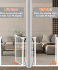 Walk Through Baby Gate With Auto Close White Kid Safe Gate Extension 29.92 Inches High One Hand Open With Double Locking For Babies And Pets Easy Install showing open and close functions.