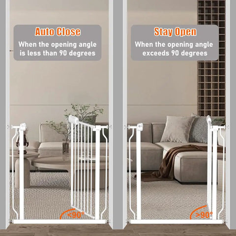 Wide Adjustable Baby Gate For Doorways And Stairs Walk Through Swing Door Pressure Mounted Indoor Safety Gate Fits 29 To 34 Inch Openings 30 Inch Tall Perfect For Kids And Pets showing auto close and stay open features.