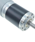 Close-up of Beefy Power DC Planetary Gear Motor with metal construction, visible shaft, and 43 RPM 12V, for robotics and machinery.