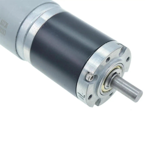 Close-up of Beefy Power DC Planetary Gear Motor with metal construction, visible shaft, and 43 RPM 12V, for robotics and machinery.