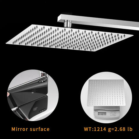 12 Inch Square Rain Shower Head High Pressure Stainless Steel Bath Shower Head With Waterfall Full Body Coverage Polished Chrome